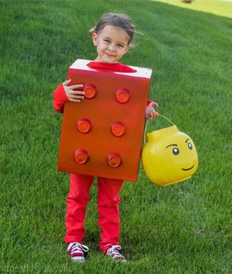 Picture of a little girl dressed in a Lego Halloween Costume, Homemade Halloween Costume
