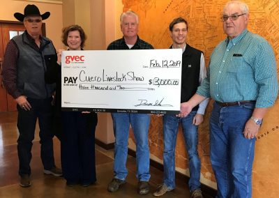 From left: Greg Gossett, board president of the 2019 Cuero Livestock Show and other members of the board, present and past, receive a $3,000 check from Presley. Next to Presley is Anthony Netardus, DeWitt Co. agricultural agent and board secretary of the 2019 Cuero Livestock Show, Quinn Berckenhoff, assistant agricultural agent, and Leo Heinemann, past board president of the Cuero Livestock Show, agriculture in the Guadalupe Valley