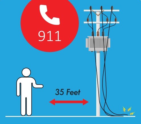 Stay 35 feet away from downed power lines.